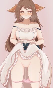 Rule 34 | 1girl, absurdres, acmetamaki, animal ears, arknights, bare shoulders, blush, brown eyes, brown hair, camisole, clothes lift, commentary request, double strap slip, frilled skirt, frills, heart, heart-shaped pupils, highres, lifting own clothes, long hair, looking at viewer, panties, panty pull, perfumer (arknights), pink background, pink panties, pussy, pussy juice, simple background, skirt, skirt lift, solo, spaghetti strap, strap slip, symbol-shaped pupils, tearing up, triangle mouth, uncensored, underwear, white camisole, white skirt