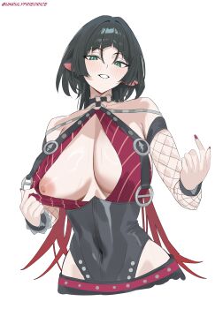 1girl absurdres animal_ears black_hair black_leotard breasts clothing_aside commentary covered_navel english_commentary fishnet_sleeves fishnets green_eyes highres jane_doe_(nocturne_of_light)_(zenless_zone_zero) jane_doe_(zenless_zone_zero) large_breasts leather_leotard leotard long_hair looking_at_viewer mouse_ears mouse_girl multicolored_hair nipples official_alternate_costume red_hair red_nails smile solo tail twitter_username two-tone_hair unrulyfriedrice very_long_hair white_background zenless_zone_zero