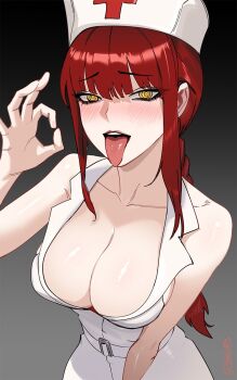 1girl breasts chainsaw_man cleavage collarbone commentary dress english_commentary fellatio_gesture foxlutts grey_background hat highres large_breasts long_hair looking_at_viewer makima_(chainsaw_man) nurse nurse_cap red_hair simple_background solo tongue tongue_out very_long_hair white_dress yellow_eyes