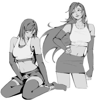 1girl bare_shoulders black_hair black_skirt black_sports_bra black_thighhighs breasts closed_eyes closed_mouth collarbone commentary cowboy_shot crop_top cropped_legs elbow_gloves english_commentary final_fantasy final_fantasy_vii final_fantasy_vii_remake fingerless_gloves full_body gloves greyscale hand_on_own_hip hand_on_own_leg lips long_hair looking_to_the_side lovebyfxmp3 medium_breasts midriff miniskirt monochrome multiple_views navel no_shoes pencil_skirt sitting skirt sports_bra suspender_skirt suspenders tank_top thighhighs tifa_lockhart white_background white_tank_top yokozuwari