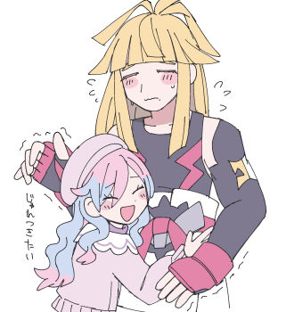 1boy 1girl :d beret black_tank_top blonde_hair blue_hair closed_eyes commentary_request dougi flying_sweatdrops hat hetero highres hug ivor_(pokemon) karate_gi mole mole_under_mouth multicolored_hair nintendo oc_x_canon open_mouth partial_commentary pastels pink_hair pink_sweater pokemon pokemon_legends:_z-a remoooon smile sweater tank_top trembling two-tone_hair white_background