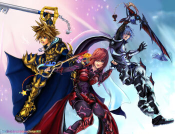 1girl 2boys armor blue_eyes brown_hair cape epic kairi_(shery_rakuura) keyblade kingdom_hearts knight knight_armor multiple_boys red_hair riku_(kingdom_hearts) silver_hair sora_(kingdom_hearts) weapon
