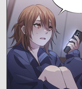 1girl 23i2ko arm_around_leg blank_speech_bubble blue_jacket brown_eyes brown_hair double-parted_bangs facing_viewer fake_screenshot hair_between_eyes holding holding_phone hugging_own_legs jacket knees_up open_mouth original phone ponytail popped_collar short_hair sitting solo speech_bubble sweatdrop teeth upper_teeth_only