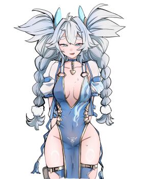 Rule 34 | 1girl, blue choker, blue eyes, blue thighhighs, breasts, bright pupils, chain, chinese clothes, choker, clothing cutout, commentary request, diamond cutout, dress, florence (girls' frontline 2), girls' frontline, girls' frontline 2: exilium, grey hair, heart, highleg, highleg dress, highres, mesuosushi, official alternate costume, official alternate hairstyle, pa-15 (alluring larkspur) (girls' frontline), pa-15 (girls' frontline), pelvic curtain, quad braids, simple background, small breasts, solo, thighhighs, white background, white pupils