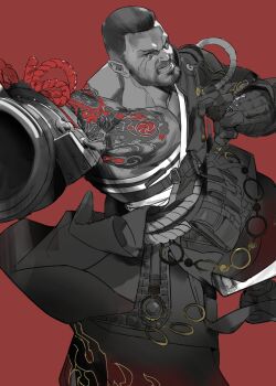 Rule 34 | 1boy, absurdres, aiming, aiming at viewer, arm tattoo, asymmetrical clothes, barret wallace, barret wallace (sunrise hakama), beard, chest tattoo, clenched teeth, commentary request, facial hair, final fantasy, final fantasy vii, final fantasy vii: ever crisis, greyscale, highres, japanese clothes, kaneda (umeanzberry), kimono, monochrome, official alternate costume, red background, sarashi, scar, scar on face, shoulder tattoo, solo, spot color, strap, tattoo, teeth