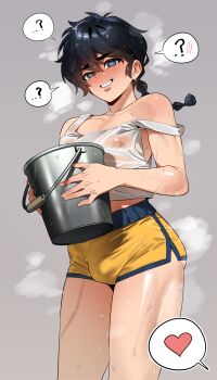 1boy ? @_@ absurdres black_hair blush braid bucket bulge confused heart highres holding holding_bucket in_(ain) looking_at_viewer male_focus micro_shorts ranma_1/2 saotome_ranma shirt shorts smile solo spoken_heart spoken_question_mark steaming_body wet wet_clothes wet_shirt white_shirt yellow_shorts