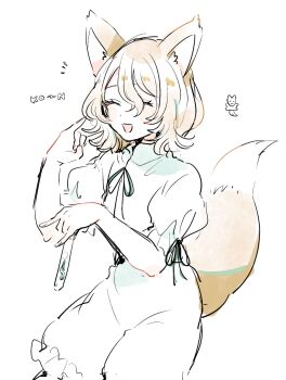Rule 34 | 1girl, animal ears, blonde hair, blush, closed eyes, commentary request, fox ears, fox girl, fox shadow puppet, fox tail, green ribbon, hair between eyes, holding, holding test tube, ko~n, kudamaki tsukasa, looking at viewer, mozukuzu (manukedori), neck ribbon, open mouth, puffy short sleeves, puffy sleeves, ribbon, romaji text, romper, short sleeves, simple background, sleeve ribbon, smile, solo, tail, test tube, touhou, white background, white romper