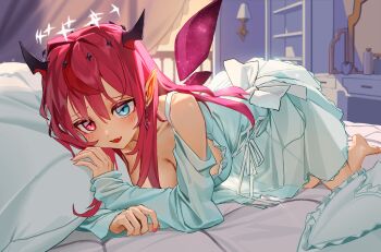 1girl :d barefoot blue_dress blue_eyes breasts cleavage commentary crystal_wings detached_sleeves detached_wings double_halo dress fangs frilled_dress frills halo hanho heterochromia highres hololive hololive_english horns indoors irys_(hololive) large_breasts long_hair looking_at_viewer lying multicolored_hair nail_polish on_bed on_side open_mouth pink_nails pointy_ears purple_eyes purple_hair red_hair see-through_clothes see-through_dress see-through_sleeves sidelocks smile solo star-shaped_pupils star_(symbol) star_halo streaked_hair symbol-only_commentary symbol-shaped_pupils virtual_youtuber white_dress wings