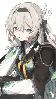 Rule 34 | 1girl, absurdres, aqua pupils, arm rest, black hair, black jacket, breasts, commentary request, elbow rest, firefly (honkai: star rail), grey hair, hair between eyes, hair ornament, hand on own cheek, hand on own face, highres, honkai: star rail, honkai (series), jacket, long hair, long sleeves, looking at viewer, medium breasts, multicolored eyes, neckerchief, orange neckerchief, parted lips, shirt, simple background, smile, solo, two-tone eyes, upper body, vespark, white background, white shirt