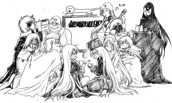 Rule 34 | alcohol, alien, armor, arms at sides, bandana, black hat, black robe, blush, bottle, cape, claire (ginga tetsudou 999), closed eyes, closed mouth, conductor (ginga tetsudou 999), count mecha, cup, dog, drinking, drinking glass, drunk, emeraldas, eyepatch, flustered, full-face blush, fur trim, gem, ginga tetsudou 999, glass, glasses, greyscale, guitar, hair ornament, harlock, harlock saga, hat, highres, holding, holding cup, hoshino tetsurou, instrument, la andromeda promethium, logo, long hair, maetel, manabe jouji, mechanical arms, mechanical legs, monitor, monochrome, multiple boys, multiple girls, music, musical note, nervous, on floor, one eye closed, ooyama toshiro, party, pirate costume, pirate hat, pouring, queen emeraldas, robe, robot, russian clothes, sake, sake bottle, see-through body, singing, sitting, sketch, skull, skull and crossbones, skull hair ornament, skull print, table, tokkuri, train conductor, uchuu kaizoku captain harlock, very long hair, watching television, wine, wine bottle