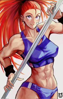 1girl bandaid bandaid_on_cheek bandaid_on_face blue_sports_bra breasts captain_mizuki commentary corrupted_twitter_file covered_erect_nipples earrings hair_pulled_back hashtag-only_commentary highres holding holding_pole jewelry large_breasts nnsee_d one-punch_man orange_hair pole ponytail purple_eyes smile solo sports_bra upper_body