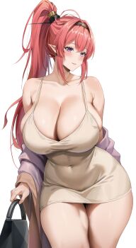 Rule 34 | 1girl, absurdres, alternate costume, ayres (ayresm), bag, bare shoulders, blush, breasts, coat, commentary request, covered navel, curvy, dress, hairband, handbag, high ponytail, highres, large breasts, off shoulder, parted lips, pointy ears, ponytail, purple eyes, red hair, sidelocks, simple background, solo, white background, wuthering waves, yinlin (wuthering waves)