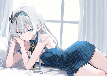 1girl ahoge bare_arms bare_shoulders bed_sheet blue_dress blue_eyes breasts checkered_clothes checkered_dress closed_mouth commentary_request curtains dress elbow_rest female_tyrant_(stella_sora) grey_hair hair_between_eyes hair_ornament hairband head_rest highres indoors long_hair looking_at_viewer lying necktie on_bed on_side pillow plaid_clothes plaid_dress pointy_ears ryouta_(ryouta335) short_dress sleeveless sleeveless_dress small_breasts solo stella_sora strap_slip thighs tyrant_(stella_sora) white_hair window
