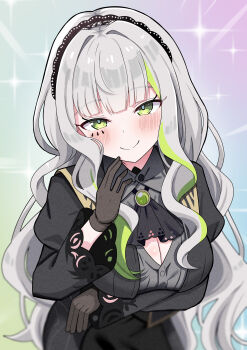 Rule 34 | 1girl, absurdres, arm under breasts, ascot, black ascot, black coat, black gloves, black hairband, blush, breasts, brooch, cleavage, coat, commentary, firenze (stella sora), gloves, green eyes, green hair, grey hair, hairband, highres, hosinonana, jewelry, juliet sleeves, large breasts, long hair, long sleeves, looking at viewer, multicolored hair, puffy sleeves, smile, solo, stella sora, streaked hair, two-tone hair, upper body, wavy hair