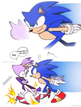 1boy 1girl animal_ears artist_name blaze_the_cat blue_fur cat_ears cat_girl cat_tail crossed_arms fur-trimmed_gloves fur_trim furry furry_female furry_male gloves green_eyes high_heels highres jacket purple_fur purple_jacket red_shoes shoes smile sonic_(series) sonic_the_hedgehog speech_bubble tail white_gloves yellow_eyes yeonwu08