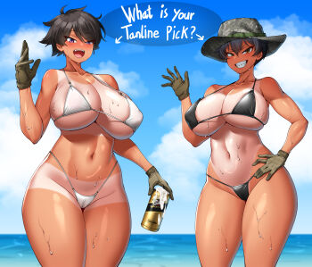 2girls absurdres beer_can bikini black_bikini black_hair blue_sky boonie_hat breasts cameltoe camouflage_headwear can cloud collarbone cowboy_shot drink_can english_text gloves green_gloves gun_sling hair_between_eyes hand_on_own_hip hand_up highres hitch_(perotoss) large_breasts looking_at_viewer mechanix_wear medium_hair multiple_girls navel open_mouth original outdoors paid_reward_available purple_eyes sergeant_joo sharp_teeth short_hair sky slit_pupils swimsuit tan tanline teeth tongue water wet white_bikini yellow_eyes
