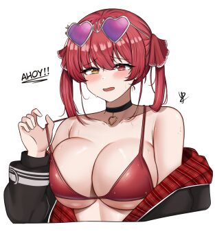 1girl absurdres armpit_crease bare_shoulders bikini black_choker black_jacket blush breasts choker collarbone commentary cropped_torso eyewear_on_head heart heart_choker heterochromia highres hololive houshou_marine houshou_marine_(summer) jacket jacket_partially_removed large_breasts long_hair looking_at_viewer official_alternate_costume official_alternate_hair_length official_alternate_hairstyle open_mouth pink-tinted_eyewear red_bikini red_eyes red_hair simple_background solo sunglasses sweat swimsuit tinted_eyewear twintails virtual_youtuber white_background wispy_bangs yellow_eyes yukaraishin