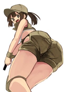 1girl ass brown_hair fio_germi glasses gun hat looking_at_viewer looking_back metal_slug ponytail tikuwabu_33 weapon