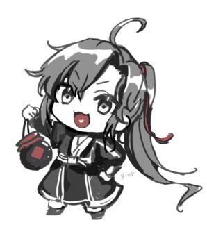 1boy :3 :d ahoge artist_name black_boots black_hair black_hanfu boots chibi chibi_only chinese_clothes chohato0717 dated full_body grey_eyes greyscale hair_ribbon hand_on_own_hip hanfu heart heart_in_mouth holding_jug jug_(bottle) long_hair long_sleeves looking_at_viewer male_focus modao_zushi monochrome open_mouth ponytail red_ribbon ribbon robe sash simple_background smile solo spot_color standing very_long_hair wei_wuxian white_background