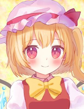 1girl blonde_hair blush bow bowtie closed_mouth collared_shirt commentary_request crystal_wings flandre_scarlet hat hat_ribbon long_hair looking_at_viewer mob_cap nene_man portrait red_eyes red_ribbon ribbon shirt side_ponytail smile solo touhou white_hat white_shirt wings yellow_background yellow_bow yellow_bowtie