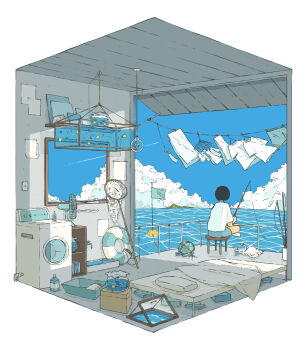 aquarium bed blue_shorts blue_sky butterfly_net cloud cushion fish fishing fishing_rod hand_net highres holding holding_fishing_rod indoors lifebuoy ma_(mamamauuuuu) medium_hair ocean on_stool original scenery shirt shorts sitting sky swim_ring washing_machine white_shirt