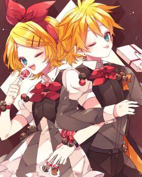 Rule 34 | 1boy, 1girl, ;d, argyle background, black pants, black vest, blonde hair, blue eyes, bow, bow hairband, bowtie, brother and sister, brown background, candy, closed mouth, commentary request, cowboy shot, double-parted bangs, dress, food, hair ornament, hairband, hairclip, highres, holding, holding candy, holding food, holding lollipop, kagamine len, kagamine rin, kaho 0102, lollipop, looking at viewer, one eye closed, open mouth, pants, parallel hairclips, red bow, red bowtie, red hairband, short hair, short sleeves, siblings, smile, tongue, tongue out, twins, vest, vocaloid, white dress