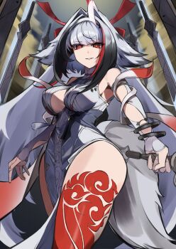 1girl animal_ear_fluff animal_ears armlet bare_shoulders black_hair breasts china_dress chinese_clothes commentary_request cowboy_shot dress droopy_ears floating floating_object floating_sword floating_weapon gradient_hair hairband highres holding holding_sword holding_weapon jewelry large_breasts leg_tattoo looking_at_viewer metal_bracelet multicolored_hair multiple_swords parted_lips qingming_sword red_eyes red_hair see-through_horns silver_armlet solo sword tail tattoo user_yerf5583 weapon white_dress white_hair white_hairband white_tail ye_shunguang zenless_zone_zero