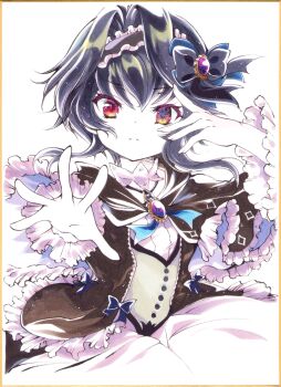 1girl 9-nine- black_bow black_capelet black_dress black_hair black_hairband blue_bow blue_ribbon bow brooch capelet chuunibyou closed_mouth colored_eyelashes commentary_request cowboy_shot dress dress_bow eyelashes eyes_visible_through_hair fang floating_hair frilled_dress frilled_hairband frilled_sleeves frills gem gothic_lolita hair_between_eyes hair_bow hair_intakes hairband hand_up highres jewelry lolita_fashion long_sleeves looking_at_viewer official_alternate_costume outstretched_hand purple_gemstone red_eyes ribbon shikishi short_hair_with_long_locks simple_background solo split_mouth symbol_in_eye traditional_media tsubameyado v-shaped_eyebrows white_background wide_sleeves yuuki_noa