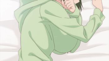 10s 1girl animated animated_gif anime_screenshot black_hair bouncing_breasts breasts cleavage hood hoodie huge_breasts kotone_shirakawa overflow_(anime) short_hair