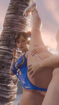 1boy 1girl 3d animated beach black_hair blue_nails blue_slingshot_swimsuit breasts brown_eyes brown_hair capcom chun-li clitoral_hood double_bun earrings flower hair_bun hair_flower hair_ornament hetero highres jewelry large_breasts lazyprocrastinator looping_animation navel official_alternate_costume sandals sex slingshot_swimsuit split standing standing_on_one_leg standing_sex standing_split street_fighter street_fighter_6 swimsuit tagme thighs uncensored vaginal video