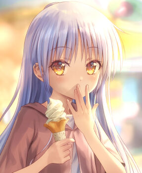 Rule 34 | 1girl, angel beats!, brown jacket, comiket 105, commentary request, covering own mouth, food, goto p, half updo, holding, holding ice cream cone, hood, hooded jacket, ice cream, ice cream cone, jacket, long hair, looking at viewer, soft serve, solo, tachibana kanade, upper body, white hair, yellow eyes