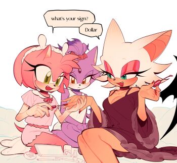 3girls absurdres amy_rose animal_ear_hairband animal_ears animal_nose applying_manicure bat_ears bat_girl bat_wings blaze_the_cat breasts brown_eyes cat_ears cat_girl cleavage commentary cosmetics english_text eyelashes eyeshadow fake_animal_ears fang forehead_jewel green_eyes hair_ornament hair_scrunchie hairband half-closed_eyes hedgehog_girl highres holding holding_brush makeup multiple_girls nail_polish nightgown pajamas pink_eyeshadow pink_fur pink_pajamas pink_scrunchie purple_fur purple_nightgown red_nails rouge_the_bat scrunchie sitting sleepover socks sonic_(series) symbol-only_commentary tank_top usheriiu white_fur white_socks white_tank_top wings