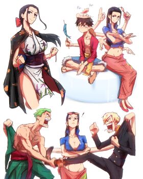! 1girl 3boys absurdres anger_vein black_hair black_suit blonde_hair blue_eyes blue_vest bow breasts cleavage clenched_hands closed_mouth commentary cropped_jacket crossed_arms curly_eyebrows extra_arms fighting fish formal_clothes green_hair green_kimono hair_bow hana_hana_no_mi haori haori_on_shoulders headpat highres holding holding_removed_eyewear indian_style instagram_logo instagram_username japanese_clothes kimono long_hair looking_at_another looking_at_viewer monkey_d._luffy multiple_boys multiple_views nico_robin one_piece pink_sarong ponytail red_bow roronoa_zoro sanji_(one_piece) sarong sash scar scar_on_face short_hair short_kimono sidelocks simple_background sitting stephengiannart suit topless_male twitter_logo twitter_username unworn_eyewear vest white_background yellow_sash