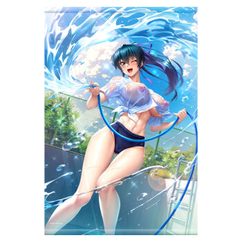 1girl blue_hair breasts curvy day hair_ribbon happy high_ponytail igawa_asagi kagami_hirotaka large_breasts lilith-soft long_hair looking_at_viewer nipples one_eye_closed open_mouth ponytail ribbon shiny_skin shirt smile splashing taimanin_(series) taimanin_asagi water wet wet_clothes wet_shirt wide_hips