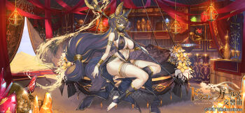 1girl absurdly_long_hair ancient_egyptian ancient_egyptian_clothes animal_ears armlet bare_arms bare_hips bare_shoulders barefoot bed blunt_bangs bracelet breasts candle candlelight carpet chalice choker cleavage coin copyright_name cup curtains day flower gem gold_bracelet gold_coin gold_necklace gold_trim hair_tubes hanging_lantern hanging_light headpiece highres holding holding_staff jackal_ears jewelry kneehighs large_breasts leg_tattoo legs light_rays long_hair magic navel necklace official_art pelvic_curtain pillow purple_hair purple_nails sand set_(mythology) shelf sideboob socks solo staff stone_tablet suerte sunlight tattoo the_symphony_of_dragon_and_girls thighlet underbust vase veil very_long_hair yellow_eyes