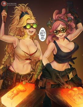 2girls absurdres anvil black_gloves black_tank_top blacksmith blacksmith_tongs blonde_hair boku_no_hero_academia bouncing_breasts braid breasts cleavage commentary dismaiden english_commentary english_text gemma_(monster_hunter_wilds) gloves glowing_hot goggles hammer hatsume_mei highres holding holding_hammer holding_tongs just_a_chill_guy_(meme) large_breasts leather_belt long_hair meme mineta_minoru monster_hunter_(series) monster_hunter_wilds multiple_braids multiple_girls navel patreon_logo patreon_username pink_hair red_sports_bra speech_bubble sports_bra sweat tank_top tongs tool_belt tools