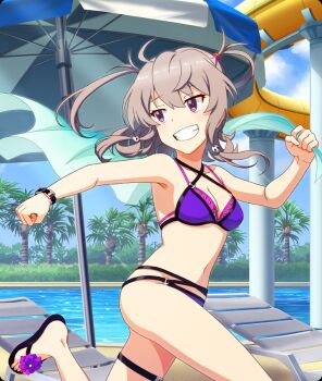 1girl ahoge armpit_crease belt bikini black_belt black_sandals blue_sky breasts brown_hair chair cleavage cloud collarbone day dot_nose flip-flops flower foot_out_of_frame footwear_flower game_cg grin hair_ornament hair_tie holding holding_towel layered_bikini looking_back lounge_chair navel o-ring o-ring_bikini official_art palm_tree pink_bikini pool poolside purple_bikini purple_eyes purple_flower running sandals shichinosato_kofuki sidelocks skull_hair_ornament sky small_breasts smile solo sparkle swimsuit third-party_source toji_no_miko toji_no_miko:_kizamishi_issen_no_tomoshibi towel tree twintails water_slide waterpark wrist_belt