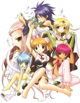 00s 6+girls anise_azeat apricot_sakuraba barefoot blonde_hair blue_hair cat_tail feathers feet galaxy_angel galaxy_angel_rune highres izayoi_natsume kahlua_marjoram kanan lily_c._sherbet long_hair looking_at_viewer multiple_girls nano-nano_pudding orange_hair pink_hair red_hair ribbon short_hair short_twintails simple_background tail twintails white_background