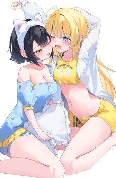 2girls absurdres ahoge amber_(pajamas)_(stella_sora) amber_(stella_sora) animal_ear_hairband animal_ears arms_up black_hair blonde_hair blue_eyes breasts cat_ears chisei259 cleavage coat commentary_request fake_animal_ears hairband highres holding holding_pillow long_hair long_sleeves multiple_girls navel noya_(pajamas)_(stella_sora) noya_(stella_sora) official_alternate_costume one_eye_closed open_mouth pajamas pillow short_hair shorts simple_background single_bare_shoulder stella_sora stomach stretching thighs untied_shorts white_background white_coat yawning yellow_eyes yellow_shorts
