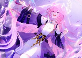 1girl bare_shoulders breasts bridal_veil cleavage coat commentary crystal_shards cyrene_(honkai:_star_rail) diamond-shaped_pupils diamond_(shape) dress english_commentary halo highres honkai:_star_rail honkai_(series) jewelry large_breasts long_hair multicolored_eyes necklace open_mouth pink_hair purple_coat sky smile solo star_(sky) starry_sky symbol-shaped_pupils two-tone_eyes veil very_long_hair white_dress white_veil zura_zzz