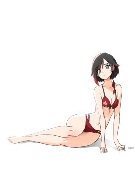 1girl ar_jart artist_name bare_legs bikini black_hair breasts cleavage grey_eyes lying medium_breasts multicolored_hair navel on_side red_bikini red_hair ruby_rose rwby short_hair solo swimsuit thighs white_background