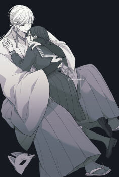 1boy 1girl arm_around_back arm_around_shoulder black_background black_hair black_nails black_sailor_collar black_serafuku black_shirt black_shoes black_skirt black_socks breasts bridal_gauntlets closed_eyes couple earrings fox_mask fox_mask_(silent_hill) full_body hakama hand_on_another&#039;s_shoulder hetero highres japanese_clothes jewelry loafers long_hair low_ponytail mask medium_breasts nail_polish parted_lips pleated_skirt ponytail robe sailor_collar sandals school_uniform serafuku shimizu_hinako shirt shoes short_hair silent_hill_(series) silent_hill_f single_earring skirt smile socks tabi takaya1098614 tassel tassel_earrings twintails unworn_mask white_hair white_robe wide_sleeves zouri