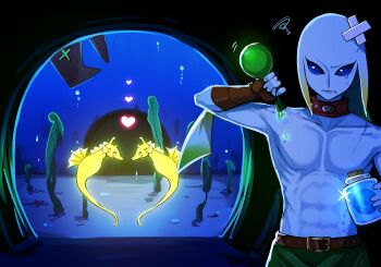 1boy bandaid belt belt_buckle bottle bubble buckle cave_interior collar eel fish gauntlets heart highres link muscular muscular_male nintendo potion seahorse seaweed solo teardrop the_legend_of_zelda the_legend_of_zelda:_majora's_mask tsumikitsuki_(katsuobushi) underwater upper_body zora zora_link