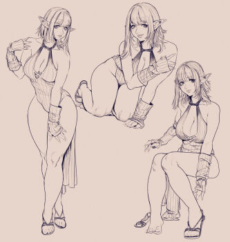 1girl absurdres bare_shoulders breasts detached_sleeves elf feet fingernails full_body highres kneeling large_breasts lips monochrome nails original pointy_ears poses robo_ink sandals serious sharp_fingernails short_hair sitting sketch smile v