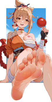 1girl absurdres barefoot blonde_hair blush candy_apple feet food genshin_impact he_c92 highres long_hair looking_at_viewer open_mouth soles toes yellow_eyes yoimiya_(genshin_impact)