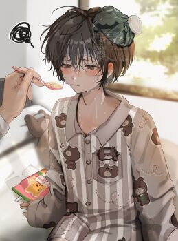 1boy animal_print annoyed bear_print blush brown_eyes brown_hair brown_pajamas choppy_bangs closed_mouth cold_pack commentary_request cowboy_shot feeding fever highres holding holding_spoon indoors long_sleeves looking_at_food male_focus on_bed original out_of_frame pajamas print_pajamas sahi00000 short_hair sitting sleeves_past_wrists solo_focus spoon squiggle stuffed_animal stuffed_toy sweat teddy_bear
