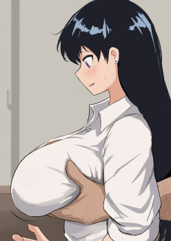 1boy 1girl arato_nagi black_hair blush breast_lift breasts collared_shirt commentary_request earrings grabbing_another&#039;s_breast groping hetero indoors jewelry large_breasts long_hair long_sleeves molestation open_mouth p_kotarou profile purple_eyes ruri_no_houseki sexual_harassment shirt sleeves_rolled_up stud_earrings white_shirt window