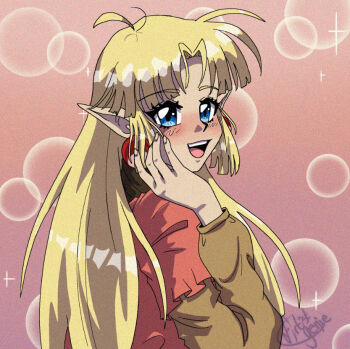 1990s_(style) 1girl anime_coloring blonde_hair blue_eyes blush bubble commission commissioner_upload deltaflareon dress earrings elf fake_screenshot film_grain hand_on_own_cheek hand_on_own_face hoop_earrings jewelry long_hair long_sleeves looking_at_viewer lotte_farona official_art open_mouth orange_dress orange_shirt parody parted_bangs pink_background pointy_ears retro_artstyle shirt signature smile solo sparkle style_parody teeth upper_body upper_teeth_only ways_of_darkness_(series)