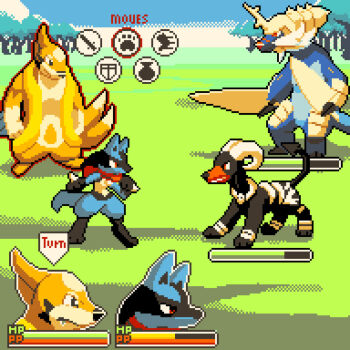 battle black_fur blue_fur blue_sky commentary dog dual_wielding english_commentary english_text fake_screenshot fighting_stance floatzel forest gameplay_mechanics gen_2_pokemon gen_4_pokemon gen_5_pokemon health_bar helmet highres holding horns houndoom icon_(computing) jackal looking_ahead looking_at_another lucario monteblanque nature nintendo orange_fur otter pixel_art pokemon pokemon_(creature) pokemon_mystery_dungeon red_fur red_scarf samurott scarf shadow sky sprite sword user_interface video_game weapon
