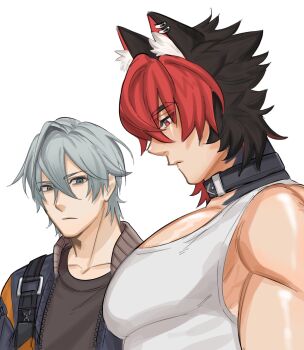 2boys animal_ears black_choker black_hair blue_eyes choker dog_boy dog_ears gachimuchi_daisukikko grey_hair highres huge_pectorals komano_manato large_pectorals looking_at_pectorals male_focus multicolored_hair multiple_boys muscular muscular_male pectoral_focus pectorals red_eyes red_hair scar scar_on_chest scar_on_face shirt tank_top white_shirt white_tank_top zenless_zone_zero